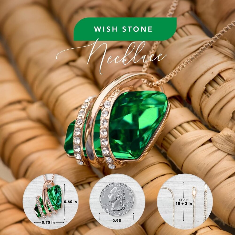 Women Gold Green Crystal Wish Stone Pendant Necklace with Birthstone - Picture 3 of 6